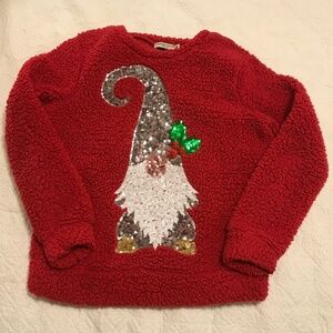 Chance or Fate fluffy red long sleeve sequin gnome holiday sweater (M)